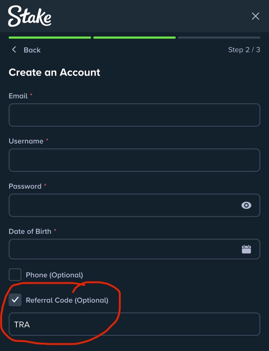 Where to enter the Stake code (Referral Code field during signup)