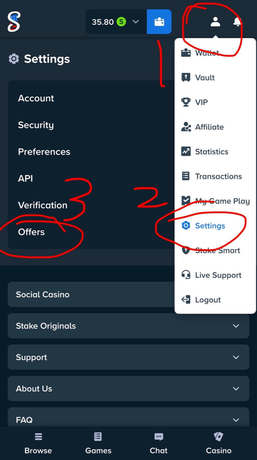Where to find Offers in Stake.us settings (Profile → Settings → Offers)