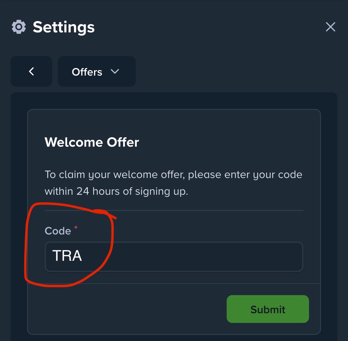 Stake.us Welcome Offer code field where to enter TRA